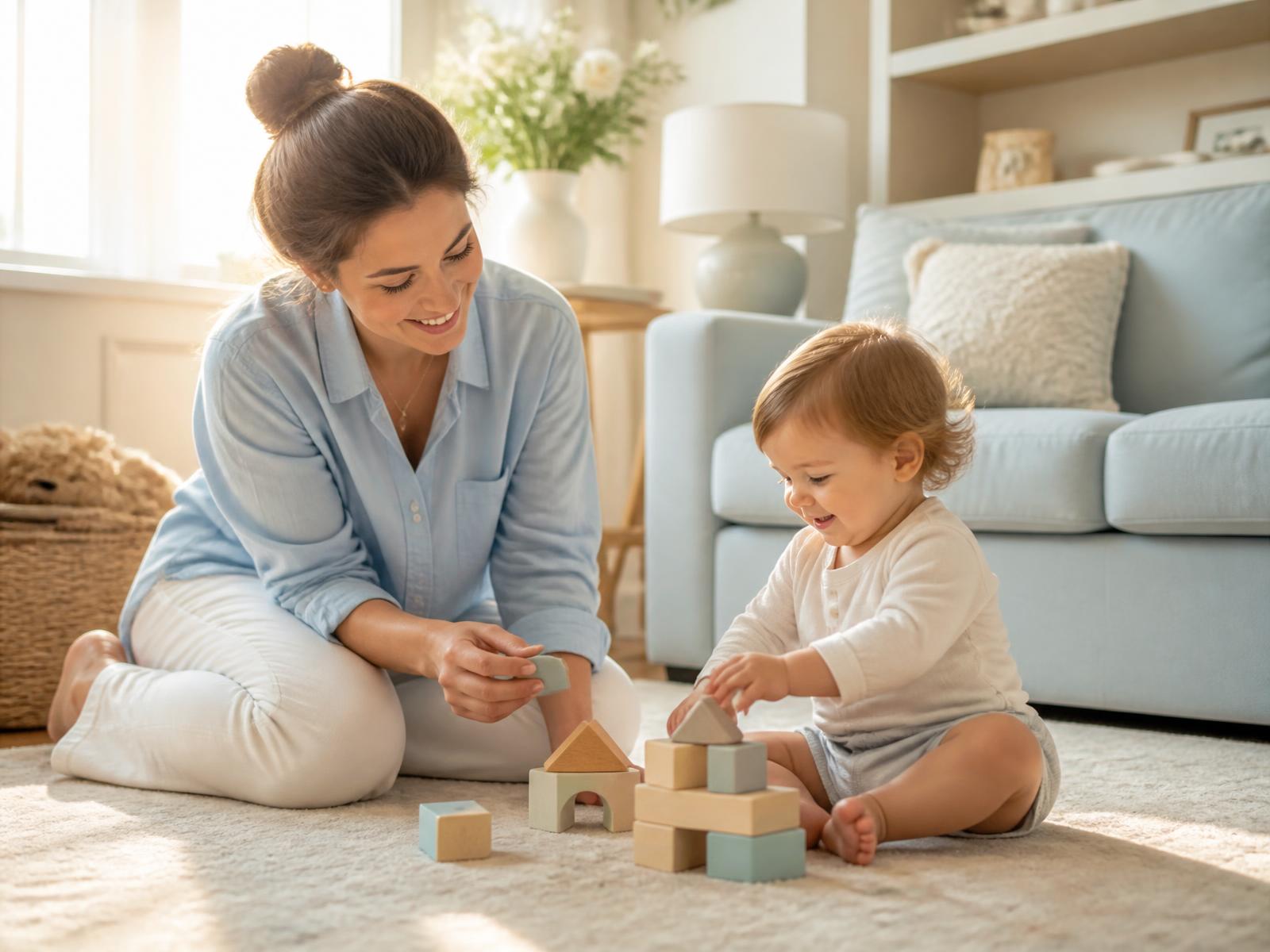 A nanny playing with wooden blocks alongside a smiling toddler in a sunlit living room