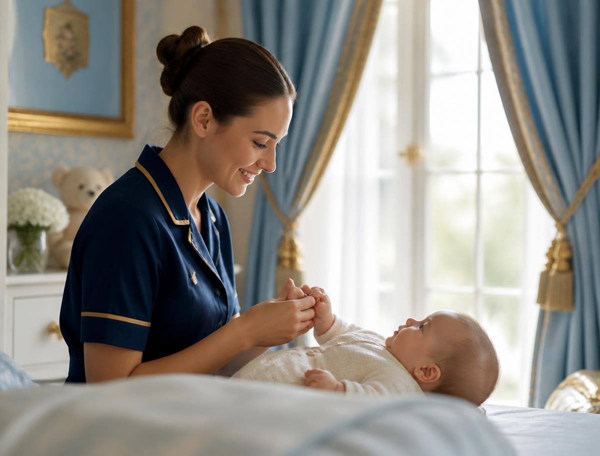 A nanny gently holding a baby's hand beside a sunlit nursery window